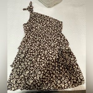 Women's Brown Floral One Shoulder Sleeveless Ruffle Hem Flowy Boho Mini Dress